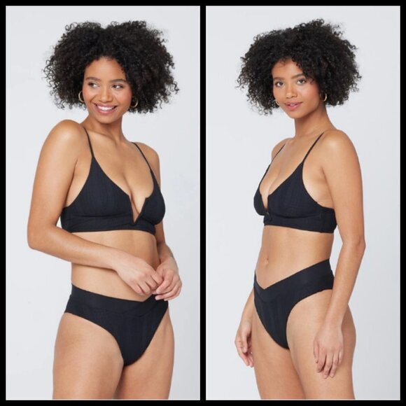 💕L*SPACE💕 Ribbed Bikini Set (Siren Top M + Jackie Bitsy Bottom XS) Black NWT - Picture 3 of 16